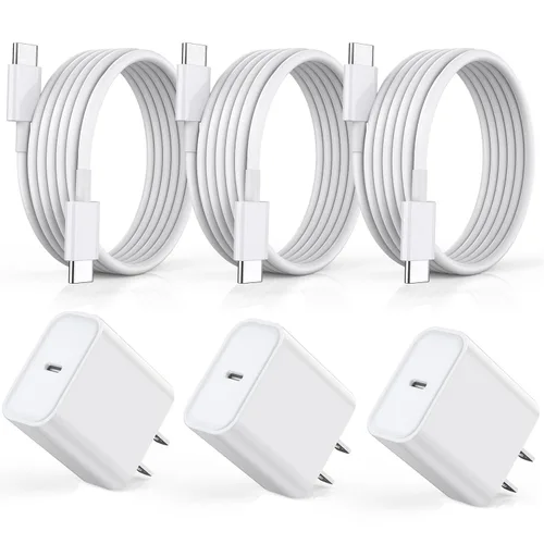 Cargador rápido para iPhone 17 16 15, paquete de 3 unidades USB C iPad carga PD bloque de carga rápida 6 pies de largo USBC a tipo C i cable de