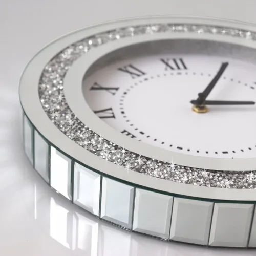 Miniatura 3 de Reloj de pared redondo con espejo plateado de 12 pulgadas con cristales brillantes y diamantes de imitación para decoración de pared, espejo