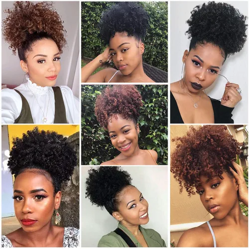 Miniatura 3 de Afro Puff Cola de caballo con cordón sintético corto rizado piña cola de caballo dona Chignon postizos peluca 4.06 oz Wrap Updo extensiones de 1b