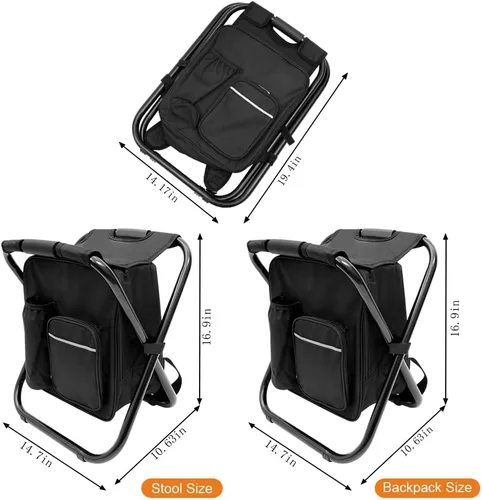 Miniatura 3 de YESIACE Taburete plegable portátil para acampar, mochila con bolsa refrigeradora, asiento de senderismo, pesca al aire libre, regalos de caza, negro