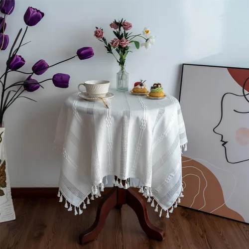 Gernaice Mantel bordado de rayas rústicas y pequeñas con borlas cuadradas de algodón y lino, sin arrugas, lavable, para mesita de noche, café, Blanco