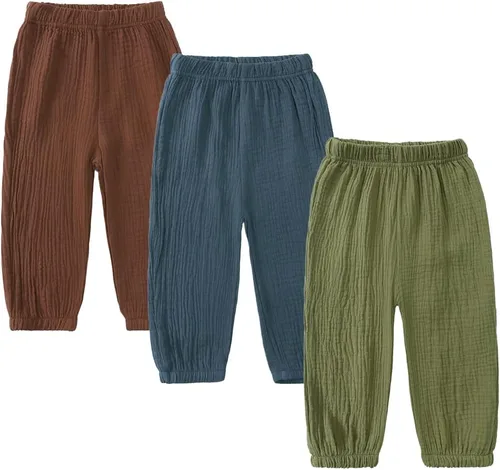 Kids Tales Paquete de 3 pantalones de lino de algodón para niños y niñas, pantalones básicos lisos lisos para niños grandes, cintura elástica,