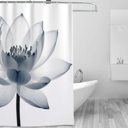 Miniatura 2 de YLATY2974 - Cortina de ducha de flores abstractas para baño, juego de cortina de ducha bohemia floral blanca y azul, tela transparente, moderna