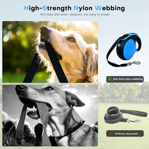 Miniatura 6 de Correa retráctil para perro con cable a prueba de mordeduras y linterna LED, correa resistente de 16 pies, adecuada para perros pequeños/medianos
