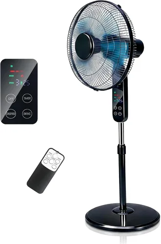 Aottop Ventilador de pedestal de 16 pulgadas con pantalla táctil y termómetro LED Celsius, control remoto, 3 velocidades, oscilación de 90°, 3 modos