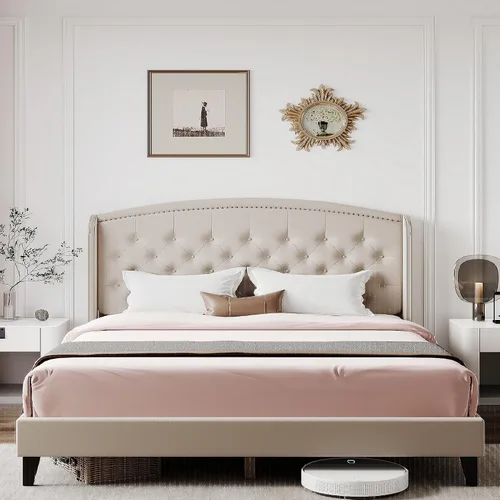 Miniatura 7 de Base de cama tamaño Queen, plataforma tapizada con cabecera de ala y diseño capitoné de botones, soporte de listones de madera, fácil montaje,