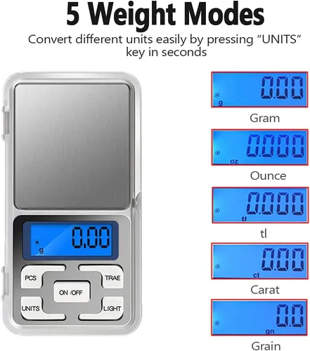 Miniatura 2 de Báscula de bolsillo digital portátil de 2 piezas, 17.64 oz de capacidad, 0.00 oz de precisión, báscula electrónica de joyería para alimentos