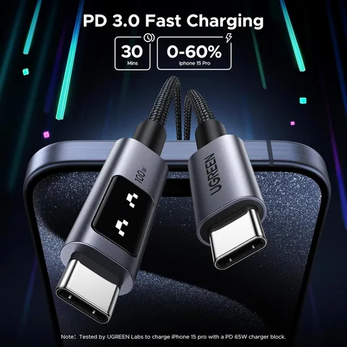 Miniatura 3 de UGREEN Uno - Cable USB C a USB C de 100 W, cable de carga rápida tipo C con pantalla LED para iPhone 17/17 Air/17 Pro/17 Pro Max/16, MacBook Negro