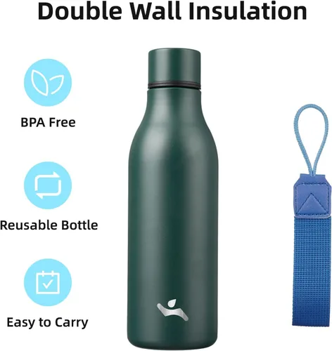 Miniatura 3 de Konokyo Botella de agua aislada con correa, botella de agua de acero inoxidable de 18 onzas de doble pared con aislamiento al vacío, frasco de Verde