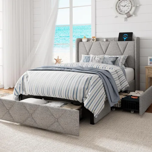 Miniatura 14 de GalnFu Base de cama de tamaño matrimonial con 4 cajones de almacenamiento, plataforma tapizada con estación de carga, moderna cabecera de Beige