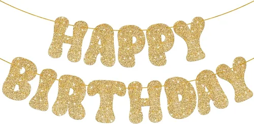 KatchOn, Cartel de feliz cumpleaños dorado con purpurina – Pre-encordado, 10 pies | Cartel dorado de feliz cumpleaños para niñas y niños | Cartel de