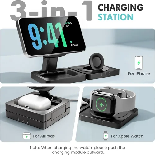 Miniatura 5 de Cargador inalámbrico magnético para iPhone: 3 en 1 para viajes 15W almohadilla de carga rápida plegable para iPhone 17 16e 16 15 14 13 12 Pro Max