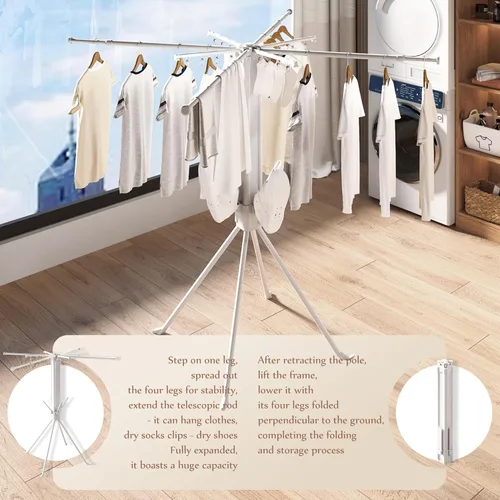 Miniatura 3 de Estante de secado de ropa resistente de 4 patas, estante de lavandería plegable y plegable de gran capacidad, estante de secado portátil