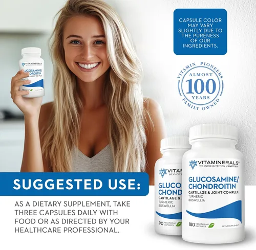 Miniatura 6 de Vitaminerals® 128 Glucosamina Joint Support Complejo de glucosamina-condroitina Cápsulas vegetales (180 unidades)