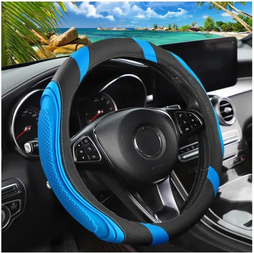 Miniatura 9 de Osilly Funda de cuero para volante de automóvil de 15 pulgadas, accesorios automotrices elástica, transpirable, antideslizante, protector de volante