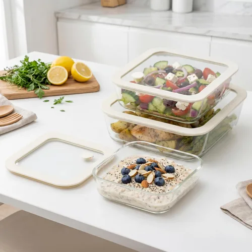 Miniatura 6 de Juego de recipientes de vidrio para alimentos Urban Green con tapa de vidrio, paquete de 4, recipientes para preparar comidas con tapa hermética