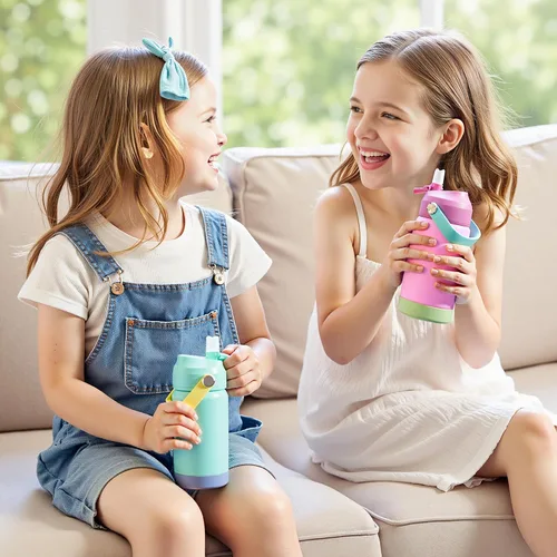 Miniatura 6 de Kerilyn - Botella de agua para niños, de acero inoxidable, con pajilla a prueba de fugas, con aislamiento térmico, libre de bisfenol A, unisex