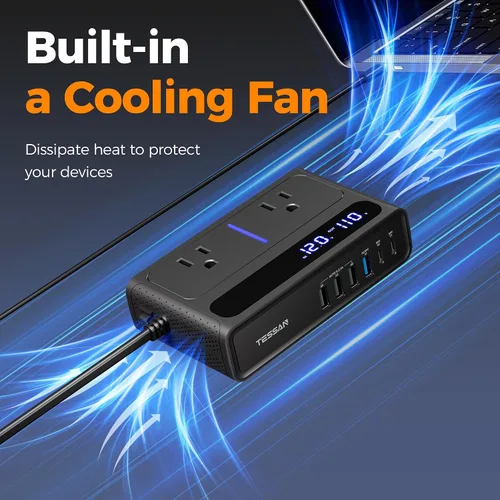 Miniatura 5 de TESSAN - Inversor de corriente para automóvil de 200 W, convertidor de 12 V CC a 110 V CA con 2 salidas de CA y 6 puertos USB con USB de 36 W