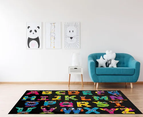 Miniatura 4 de LOKMU Alfombras antideslizantes de dibujos animados de monstruos esponjosos del alfabeto sobre negro, decoración del hogar, alfombra para aula, sala