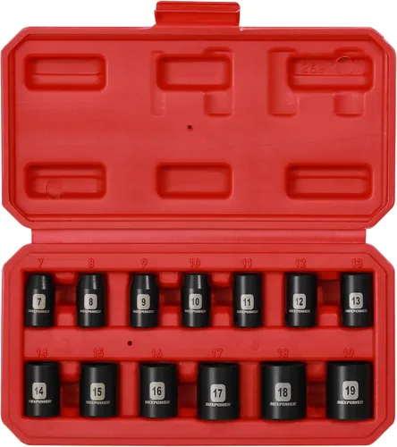 Miniatura 2 de MIXPOWER Juego de llaves de impacto poco profundas, 13 piezas de 3/8 pulgadas, 0.276 in a 0.748 in, CR-V, métrico, 6 puntos, poco profundo, 13