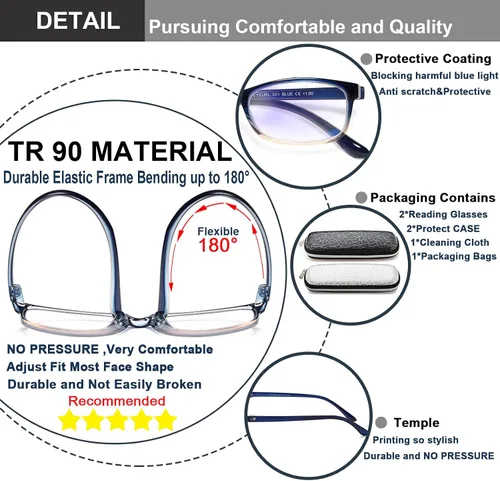 Miniatura 4 de EYEURL Lentes de lectura con bloqueo de luz azul, 0.00 lectores de computadora para mujeres y hombres, marco rectangular ligero TR90 antifatiga