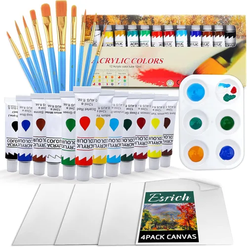 Miniatura 9 de ESRICH Juego de pintura acrílica, suministros de pintura con 2 piezas de pintura acrílica de 12 colores, 1 caballete, 3 lienzos, 30 pinceles y 3