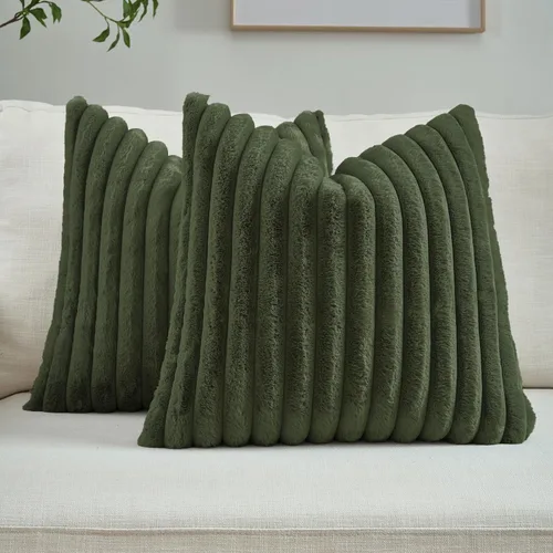 Miniatura 40 de FUTEI - Juego de 2 fundas de almohada decorativas con rayas, cuadradas, para invierno, piel sintética de conejo suave y acogedora y respaldo