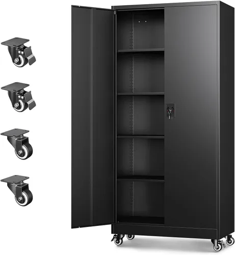 Letaya Armarios de almacenamiento de metal para garaje con puerta con cerradura y estantes ajustables, gabinetes de herramientas de acero para el
