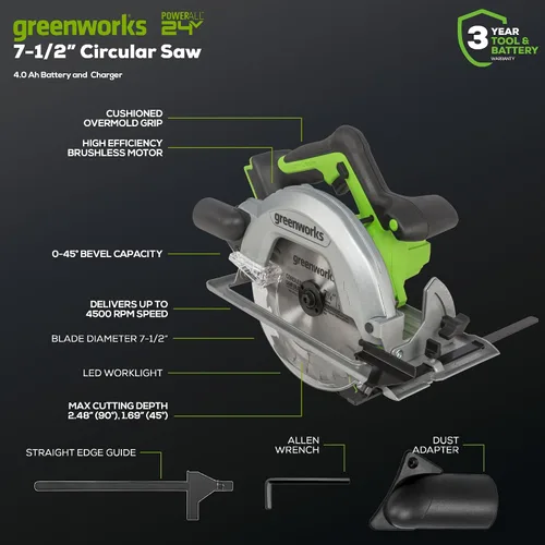 Miniatura 3 de Greenworks Sierra circular de 24 V, sin escobillas de 6-1/2 pulgadas, sierra circular de batería inalámbrica, 4,800 RPM, profundidad de corte