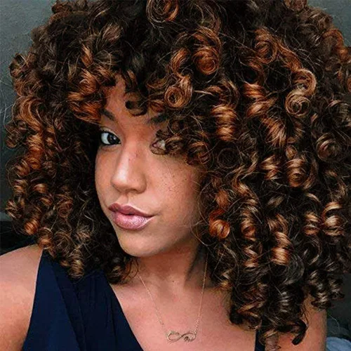 Miniatura 7 de rosmile Pelucas Rizadas para Mujeres Negras - Peluca Afro Completa de Cabello Sintético Africano Americano Negro Mezclado Castaño Oscuro Rizado