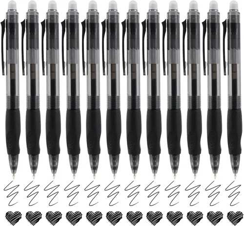 USUAL Bolígrafos retráctiles borrables, 12 bolígrafos de gel borrables negros de 0.020 in, bolígrafos de gel borrables, color negro, hace que los
