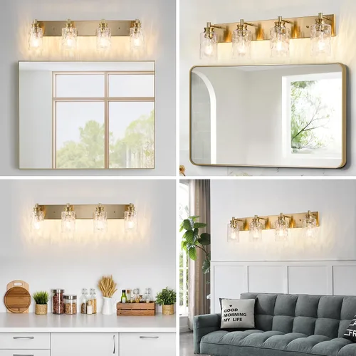 Miniatura 8 de Accesorios de lámpara de tocador de baño de 2 luces, moderna lámpara de baño dorada cepillada sobre espejo con pantalla de vidrio martillado
