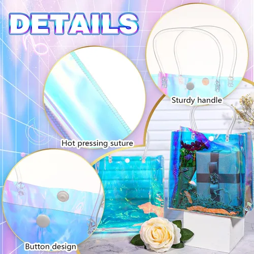 Miniatura 3 de Sherr 25 bolsas de regalo pequeñas holográficas transparentes iridiscentes reutilizables de plástico de PVC para compras, bodas, cumpleaños, baby