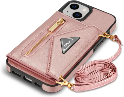 Miniatura 14 de Cartera con cremallera compatible con iPhone 14 Pro Max, funda cruzada con correa para mujer, tarjetero y cordón de 6.7 pulgadas, función atril