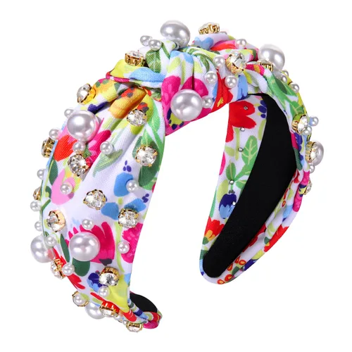 Miniatura 13 de Diademas anudadas con perlas para mujer, diademas de flores impresas con diamantes de imitación, diademas anudadas de cristal, cuentas brillantes