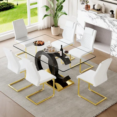 Miniatura 41 de gopop Mesa de comedor de cristal de 63 pulgadas, mesa de cocina moderna, mesa de comedor de vidrio transparente con patas de diseño único negro