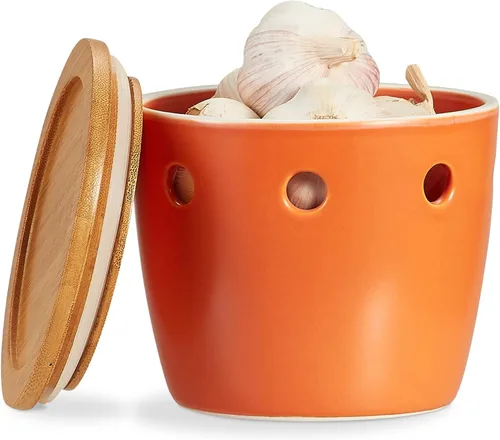 ONEMORE Porta ajos grande con tapa, recipiente de ajo cerámico de 5 pulgadas, porta ajos para mostrador, naranja