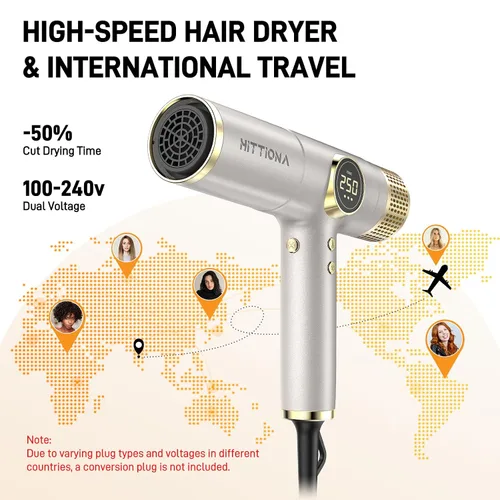 Miniatura 2 de HITTIONA Secador de pelo de viaje de doble voltaje con difusor magnético, secador de pelo iónico de alta velocidad de 2000 W, regalo para mujeres