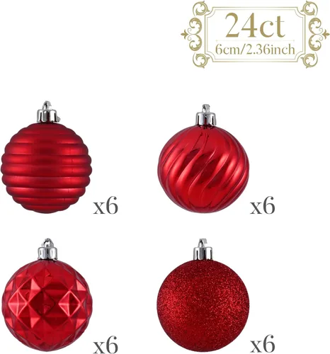 Miniatura 3 de Valery Madelyn - Adornos de árbol de Navidad, 24 esferas rojas inastillables de 60 mm, adorno colgante a granel de 2.36" para decoración de fiesta