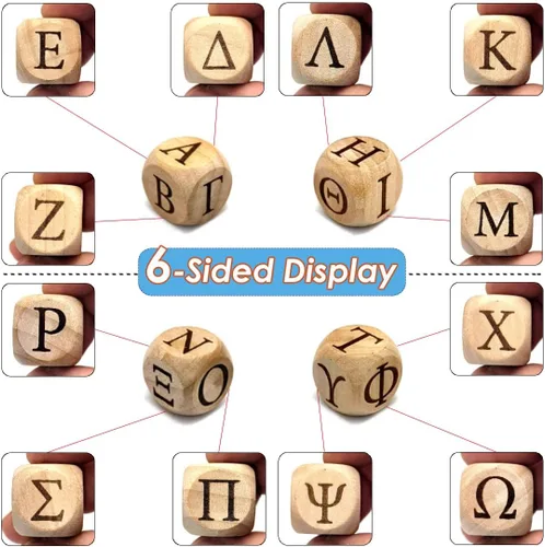 Miniatura 4 de Juego de dados de madera del alfabeto griego, 24 letras griegas talladas, cubos rodantes para juegos de fiesta de enseñanza