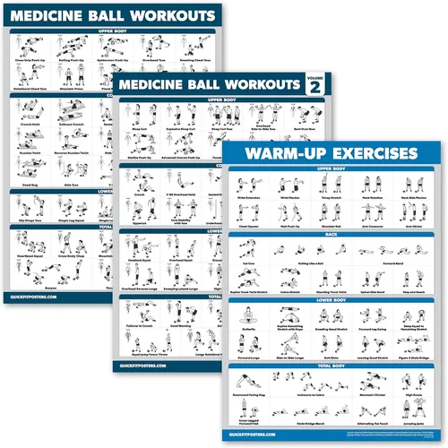 Palace Learning Paquete de 3 – Entrenamientos de pelota medicinal Volumen 1 y 2 + Juego de póster de ejercicios de calentamiento – Gráficos de