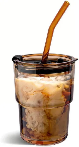 Olvini Vaso de vidrio de 13 onzas con popote y tapa, vaso reutilizable para café helado, bonitas tazas de vidrio para agua, matcha, tazas de café de