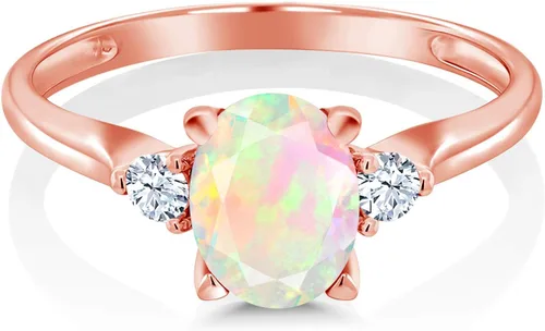 Miniatura 2 de Gem Stone King Anillo de compromiso de oro rosa de 10 quilates con ópalo etíope blanco y zafiro blanco creado con 3 piedras para mujer