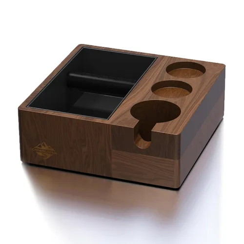 Caja de café para portafiltro de 2.283 in – 4 en 1 de nogal natural Espresso estación de tamping, distribuidor y soporte de manipulación, contenedor