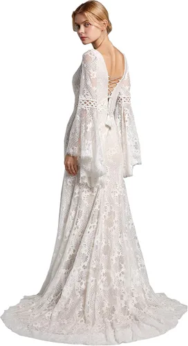Miniatura 2 de LIPOSA Vestidos de novia de encaje bohemio para novias, mangas largas acampanadas, cuello en V, vestidos de novia de sirena con tren de barrido