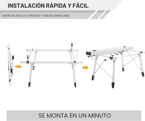 Miniatura 7 de Portal Mesa de Camping Plegable de Aluminio para Exteriores, Mesa de Picnic Portátil con Altura Ajustable, Top de Malla Enrollable, Plata Plateado