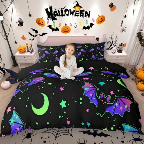 Miniatura 12 de Erosebridal Juego de ropa de cama de murciélago de Halloween, tamaño individual, con purpurina y estrellas, galaxia, funda de edredón para niños