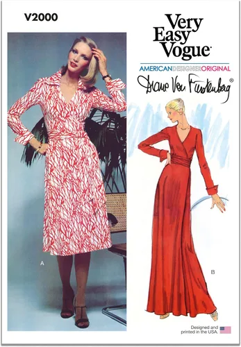Vogue DVF V2000H5 Paquete de patrones de costura para vestido cruzado de mujer por Diane Von Furstenberg, código de diseño V2000, tallas 6-8-10-12-14