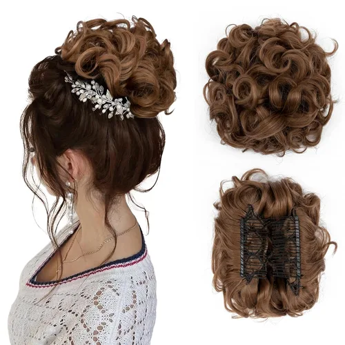Miniatura 25 de Benehair Moño desordenado con peines con clip en moño de Juva, moño de Juva, esponjoso, ondulado, fácil de estirar, moño grande, cola de caballo