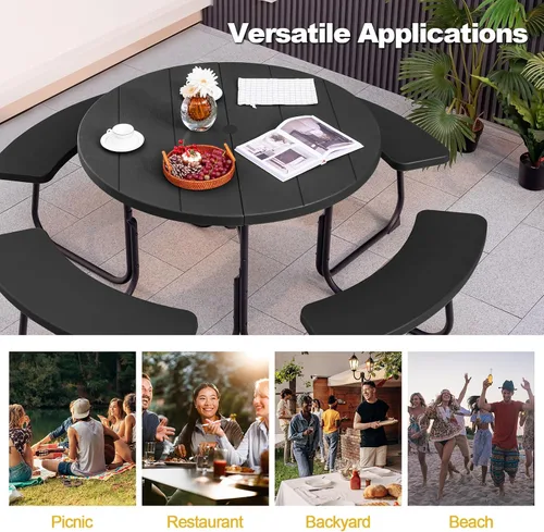 Miniatura 8 de Tangkula Mesa de Picnic para 8 Personas, Mesa de Picnic Redonda para Exteriores con 4 Bancos Incorporados, Agujero para Sombrilla, Estructura